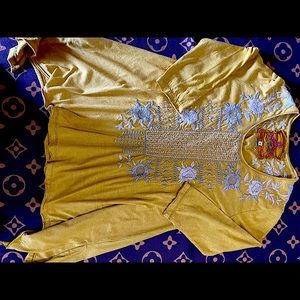 Johnny Was yellow with grey embroidery top